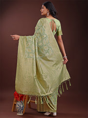 Peach Pink Linen Cotton Saree with Golden Zari Leaf Design & Elegant Pallu – Festive | Office | Daily Wear
