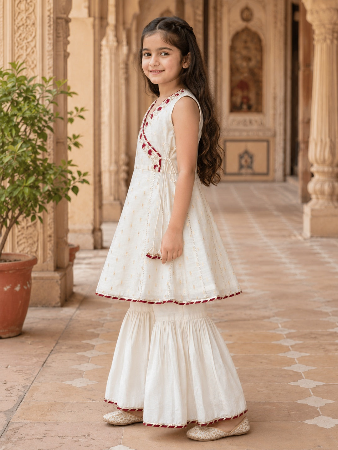 Girls Off White Kurta With Sharara