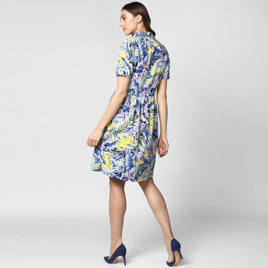 Women's Blue Printed Polyester Dress