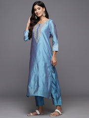 Women Blue Floral Embroidered Regular Chanderi Silk Kurta with Trousers & With Dupatta