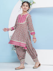 cotton Woven Three-Quarter Sleeves Floral Print A Line Kurta And Salwar With Dupatta Set - Green