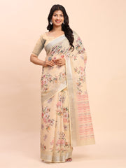 Soft Linen Cotton Saree for Women with Blouse | Elegant Cream Beige Saree with Peach Floral Print & Subtle Zari Border | Lightweight Daily & Festive Wear