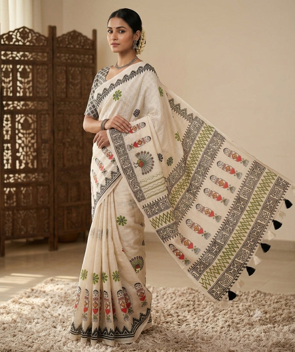 Soft linen saree with shaded style prints.