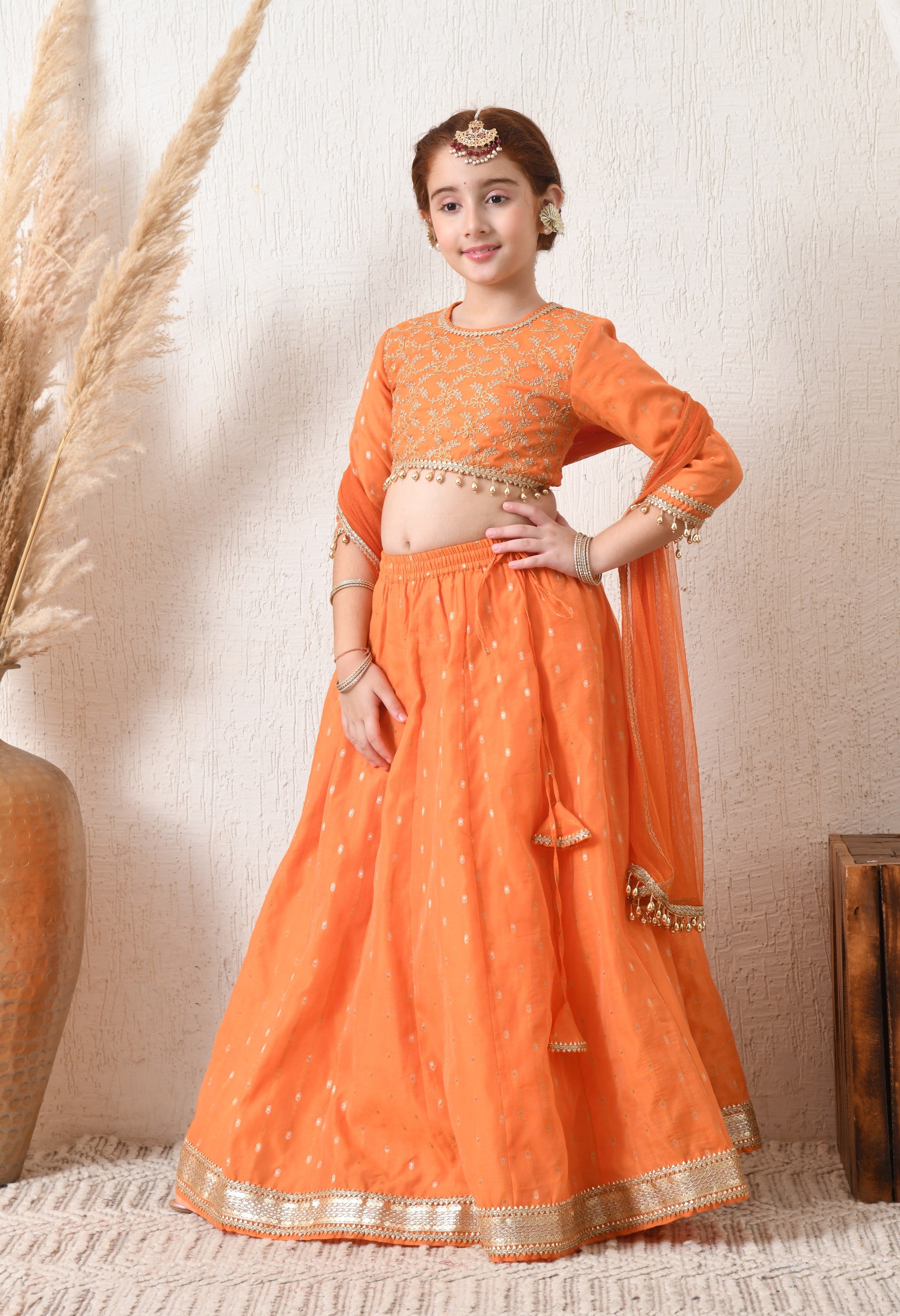 Girls Orange Embroidered Lehenga Choli Set with Net Dupatta