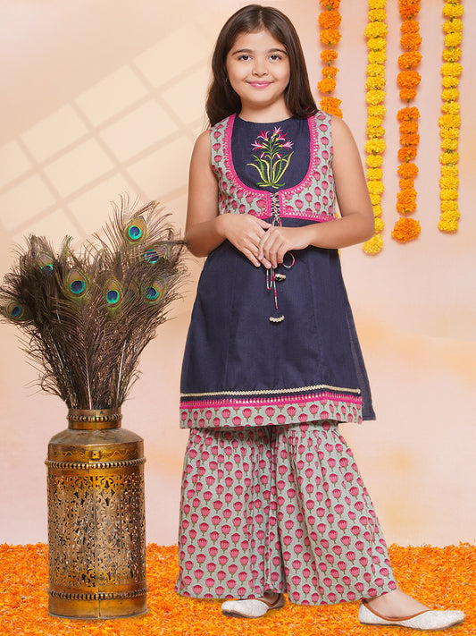 Girls Navy Blue Embroidered Jacket Style kurta with Sharara