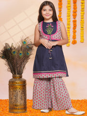 Girls Navy Blue Embroidered Jacket Style kurta with Sharara