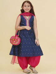 Girls Blue Self Design Kurta with Afgani Salwar with Dupatta