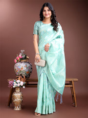 Elegant Sea Green Cotton Saree for Women – Soft Lightweight Saree with Zari Woven Butta & Tassel Border