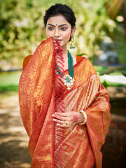 Kanjivaram Silk Saree for Women | Rich Zari Woven Pallu & Border | Traditional Bridal Saree | Perfect for Wedding & Festive Wear | Comes with Unstitched Blouse Piece