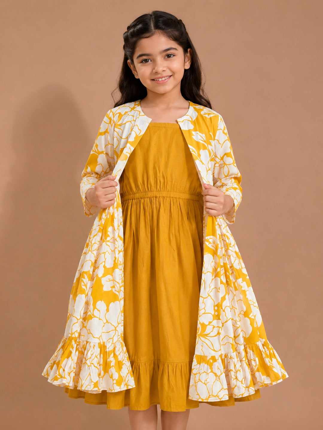 Yellow Floral Printed Midi Dress For Girls