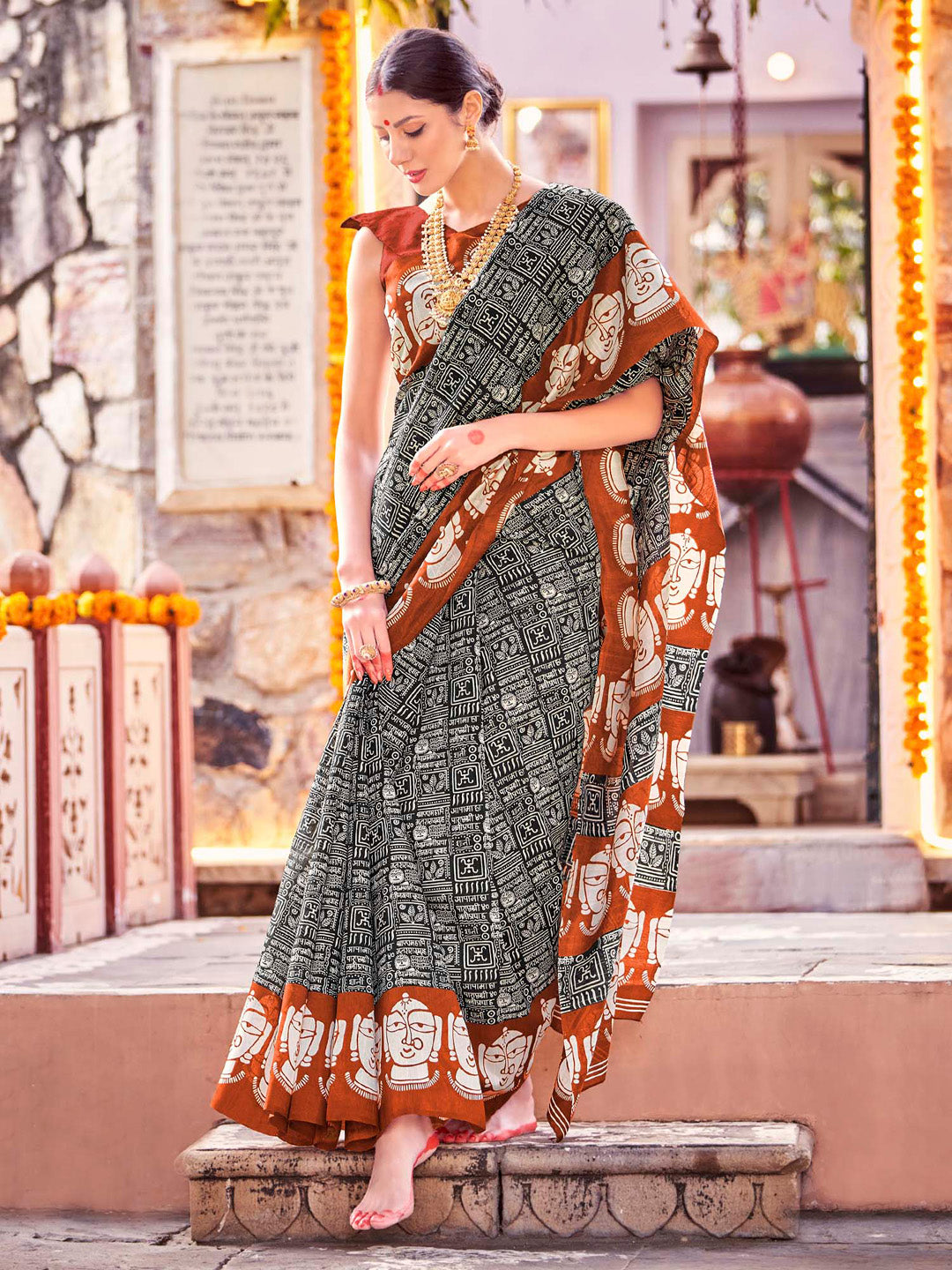 Naari - Women's Bhagalpuri Silk Black Printed Designer Saree With Blouse Piece