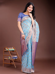 Elegant Sky Blue Cotton Saree with Contrast Pallu – Perfect Blend of Tradition & Comfort