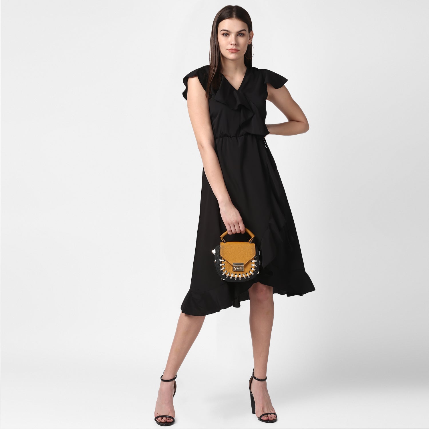 StyleStone Women's Black Front Ruffle Dress