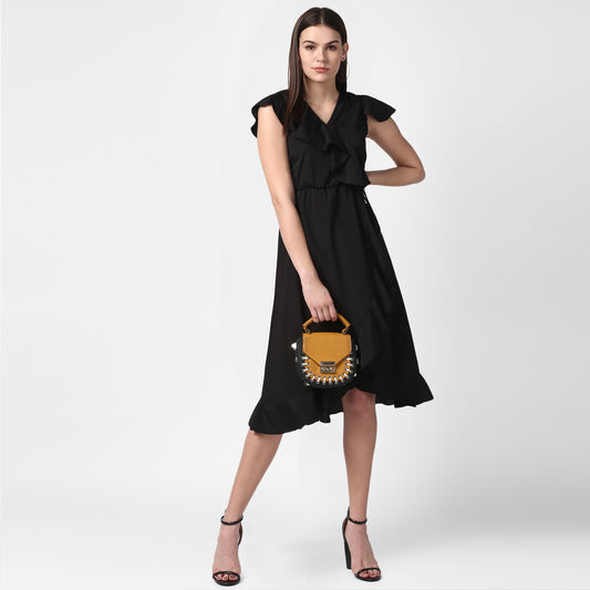 StyleStone Women's Black Front Ruffle Dress