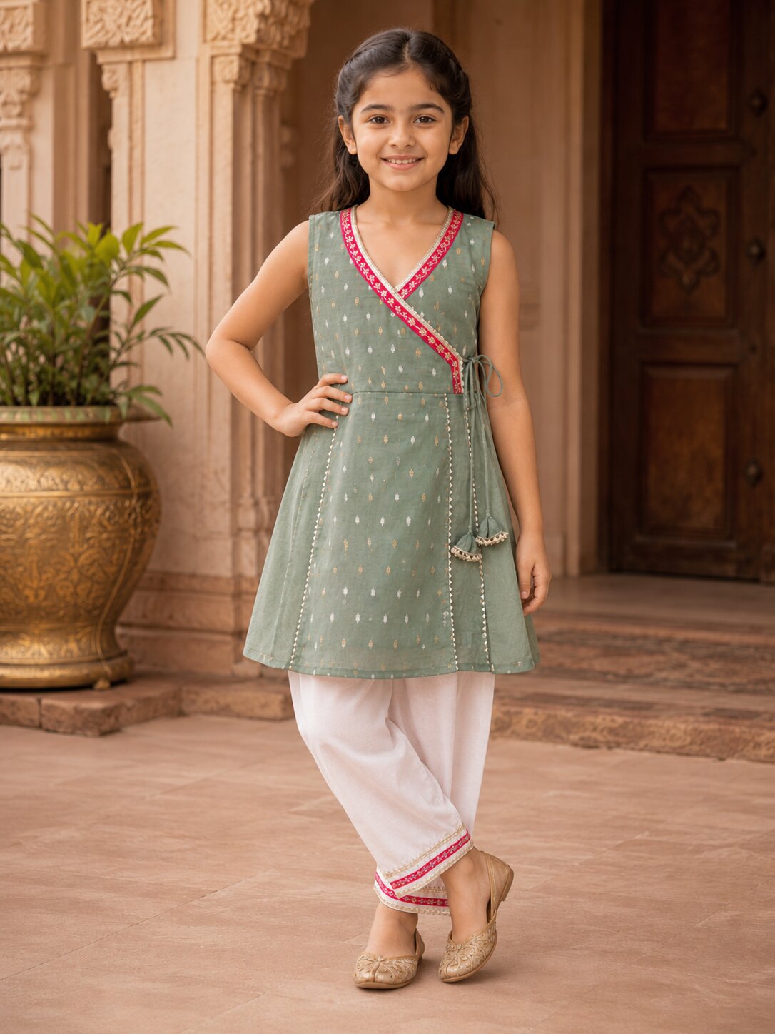 Girls Pista Green Kurta With Farsi Salwar