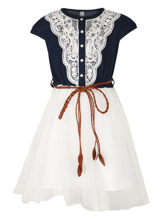 Girls Crochet Denim and Net Dress with Belt