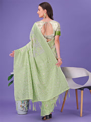Light Green Lichi Silk Saree with Floral Weaving & Tassel Pallu – Elegant Festive & Party Wear Saree