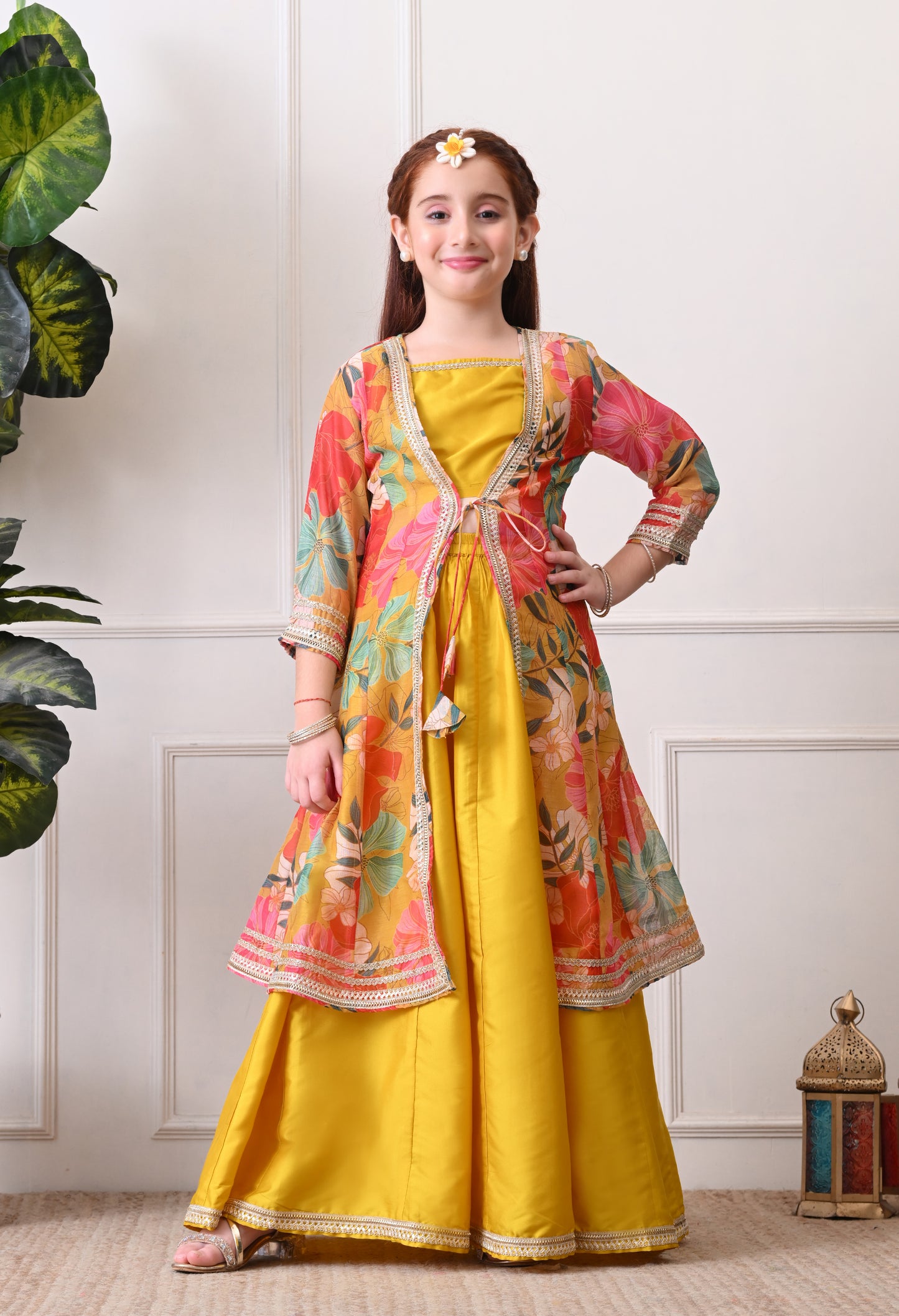 Girls Mustard Yellow Lehenga Choli Set with Multicolor Floral  Jacket