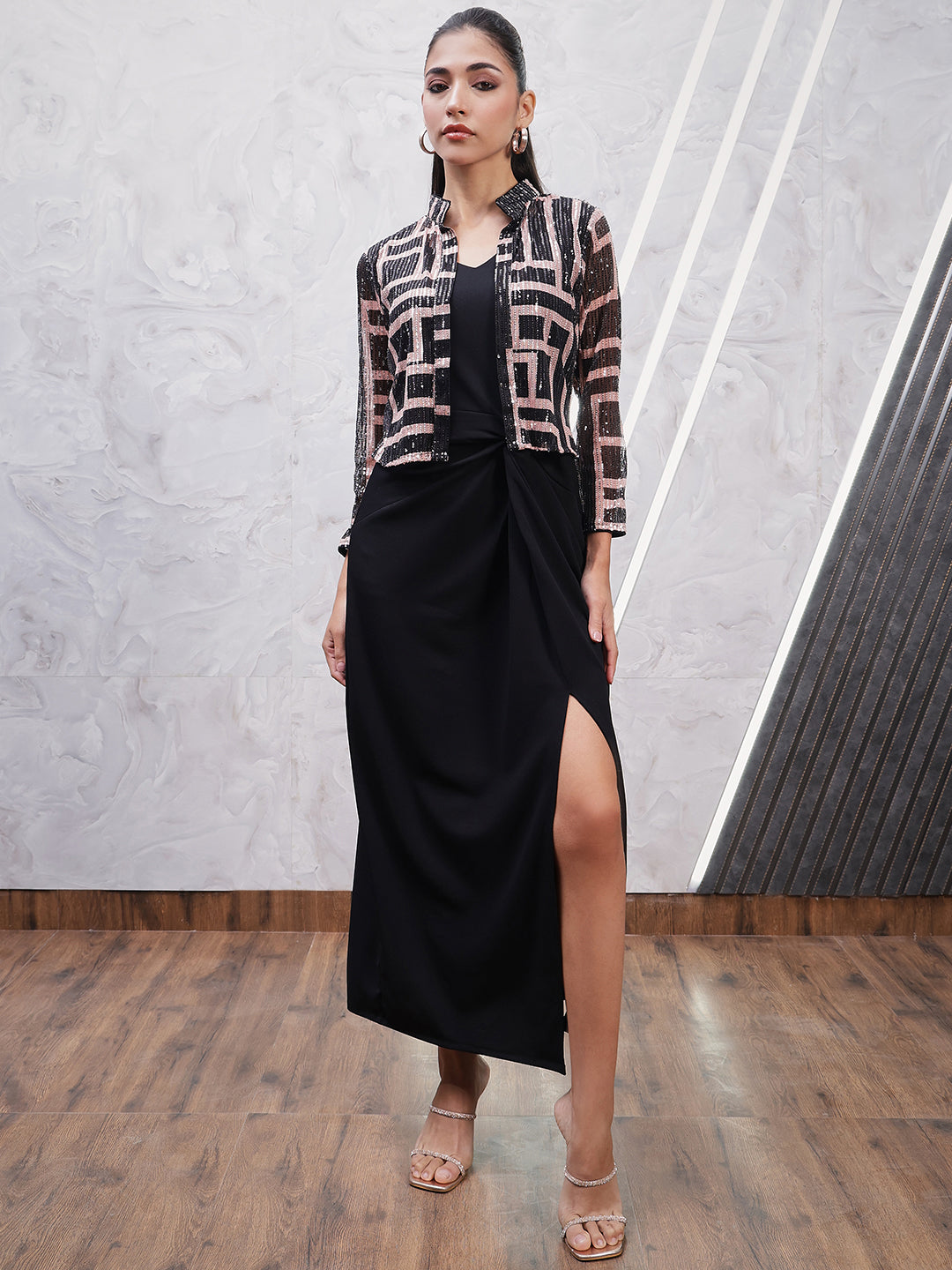 Geometric Printed Embellished V-Neck Sheath Dress With Jacket