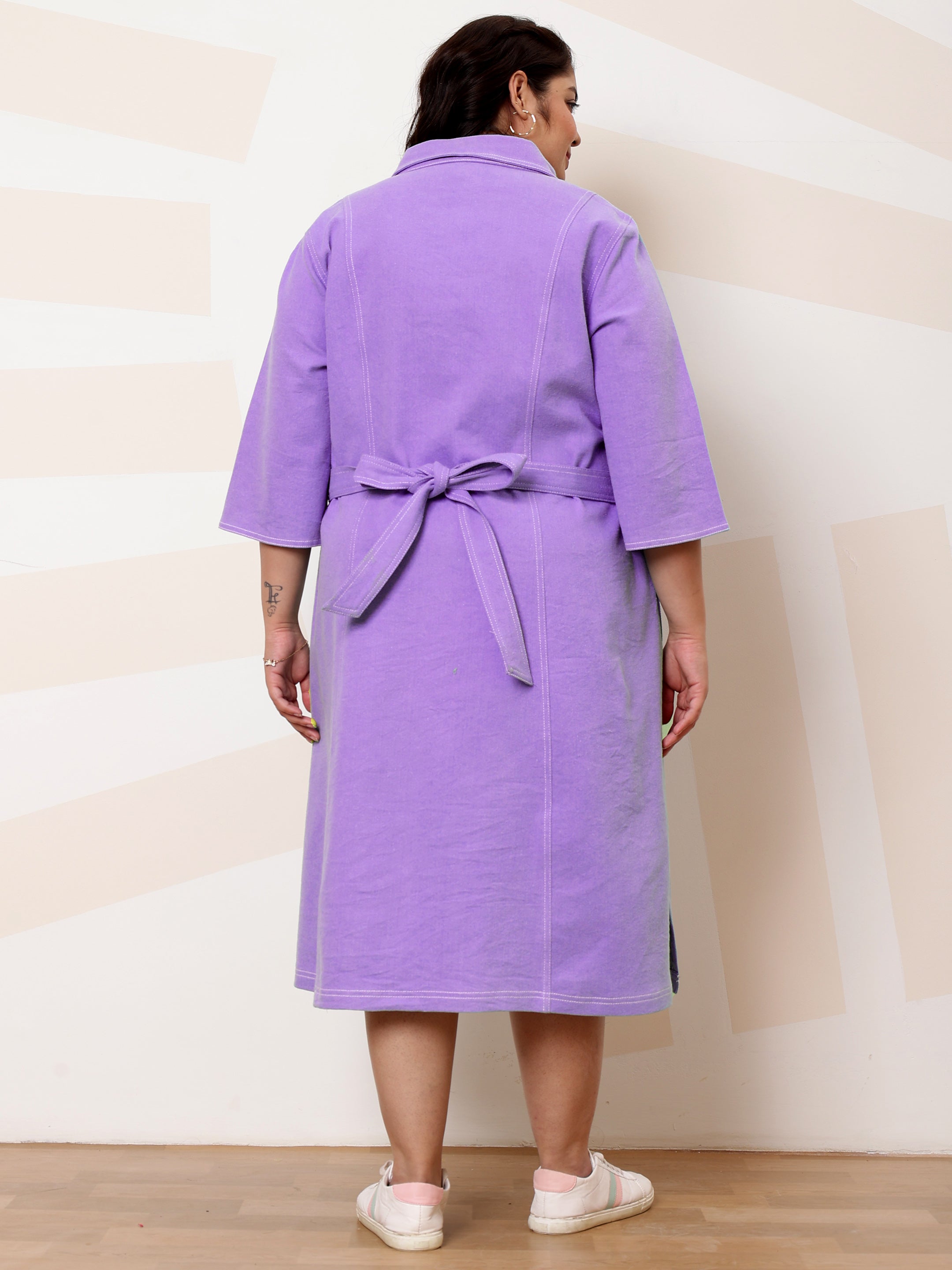 Spread Collar Flared Sleeves Shirt Midi Dress