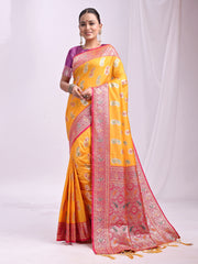 Banarasi Silk Saree with Silver Zari Border & Paisley Design - Festive Wedding Wear | Elegant Traditional Pallu | Soft Silk Finish for Women | Cultural Ethnic Saree