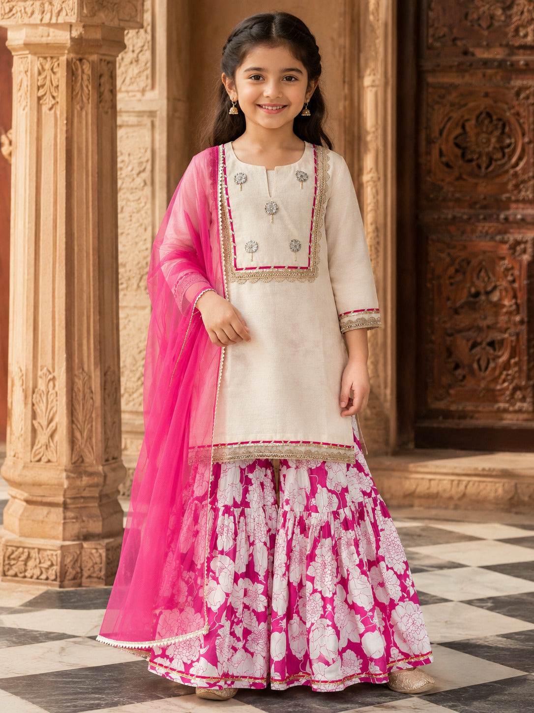 Girls Off white Kurta With Pink Floral Printed Sharara & Dupatta