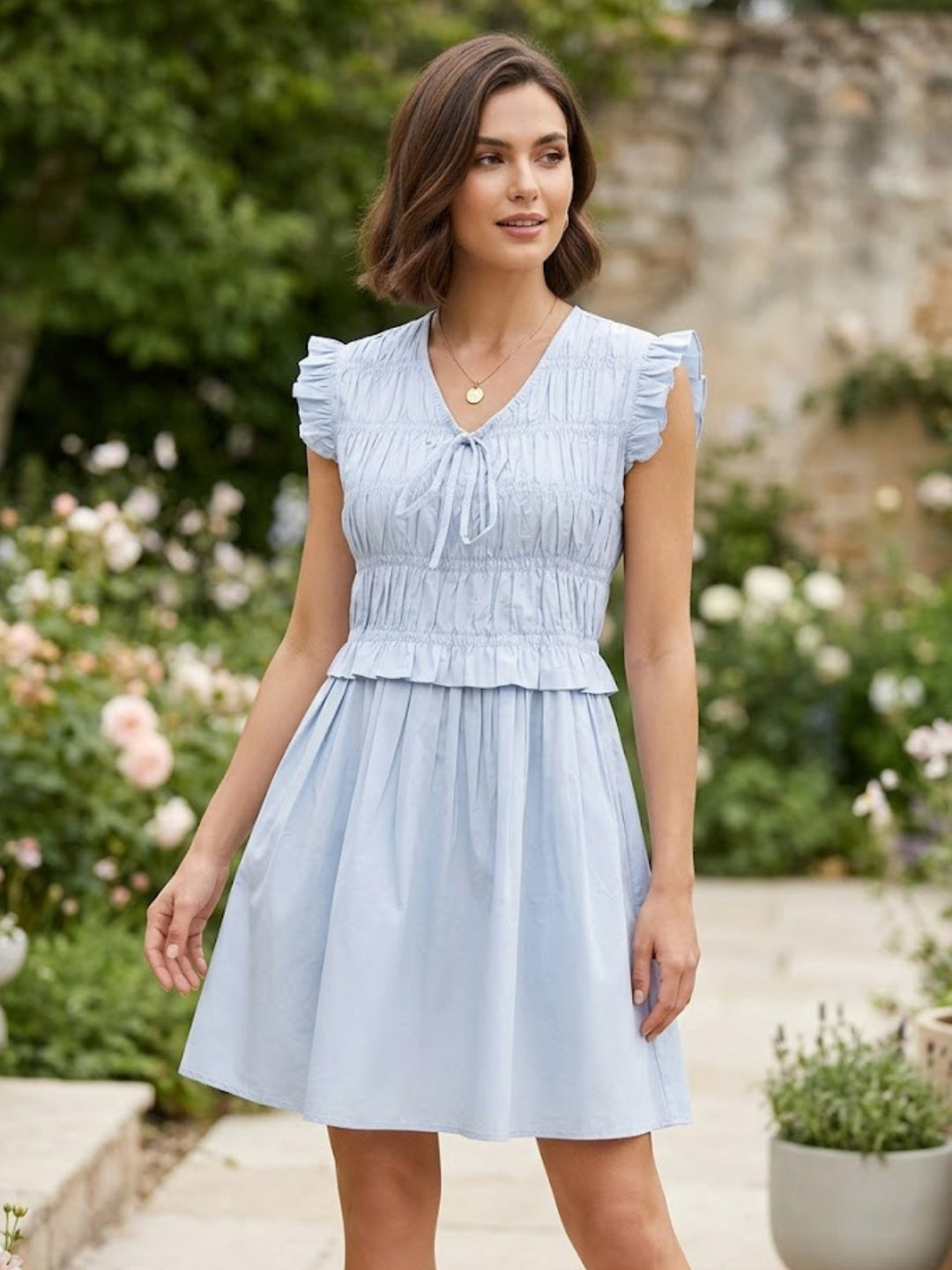Blue V Neck Cotton Smocked Dress-ADR-19896