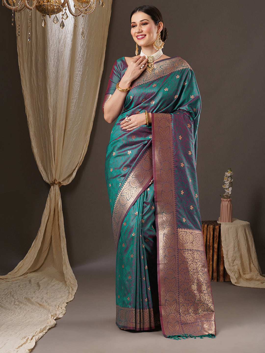 Women's Silk Blend Tealblue WovenDesign DesignerSaree With Blouse Piece