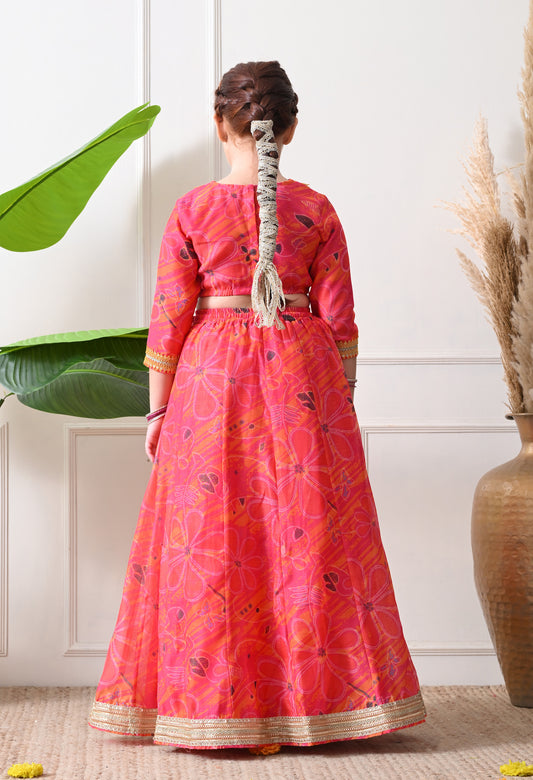 Girls Pink Printed Lehenga Choli Set with Dupatta Festive Ethnic Wear