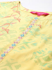 Women Yellow Abstract Printed Round Neck Straight Pure Muslin Kurta Paired With Tonal Bottom And   Organza Embroiderd Dupatta