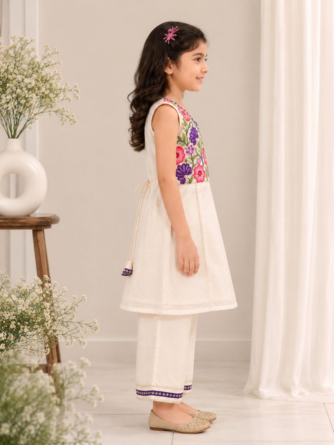 Girls Off White Embroidered Kurta With Farsi Salwar