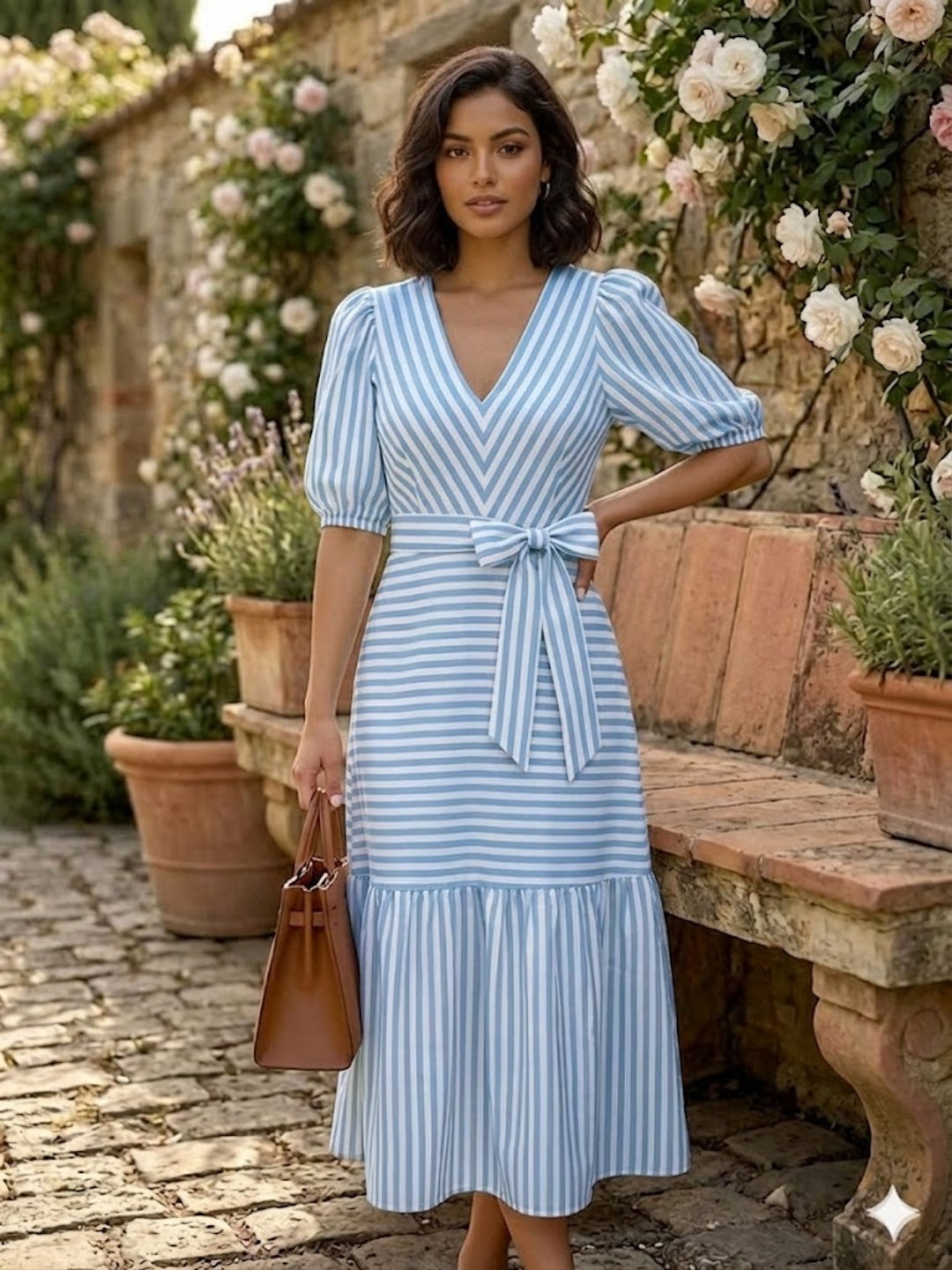 Blue Playful Stripe V-Neck Dress-ADR-22020
