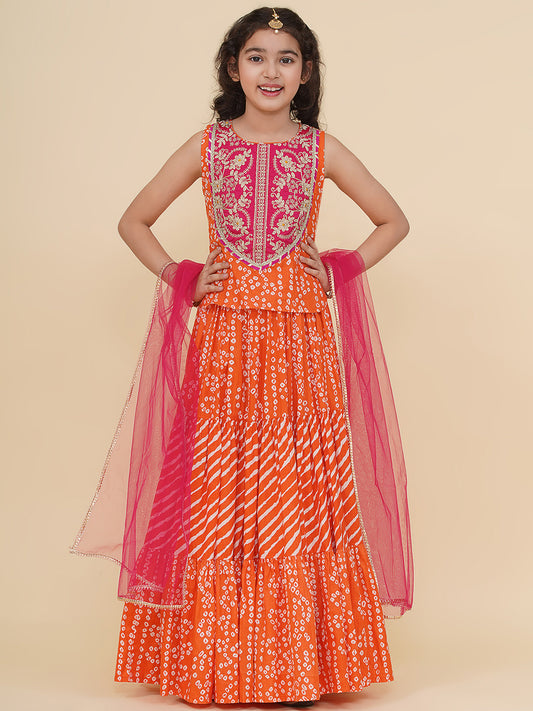 Girls Boho Design Pink Embroidered Choli Orange Bandhej Leheriya Ready to Wear Lehenga With Dupatta