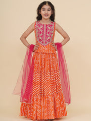 Girls Boho Design Pink Embroidered Choli Orange Bandhej Leheriya Ready to Wear Lehenga With Dupatta