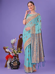 Light Pink Woven Zari Traditional Linen Cotton Saree with Rich Pallu & Unstitched Blouse – Festive & Wedding Wear Saree