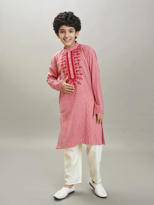 Boys red white stripe embroidery kurta with a off white pajama