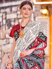 Women's Bhagalpuri Silk Off White Printed Designer Saree With Blouse Piece