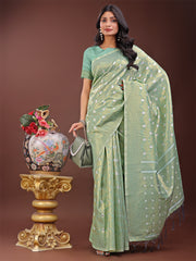 Elegant Light Green Linen Saree with Silver Zari Butta & Pallu – Daily Wear | Festive Look | Soft Feel