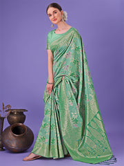 Elegant Green Floral Lichi Silk Saree with Zari Weaving and Rich Pallu – Wedding & Festive Wear Saree