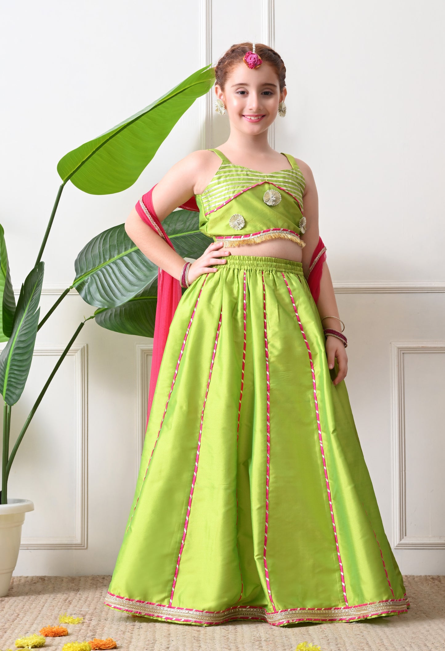 Girls Green Mirror Work Lehenga Choli Set with Dupatta Festive Ethnic Wear