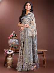 Graceful Beige & Coral Linen Cotton Saree – Lightweight Elegance for Modern Women