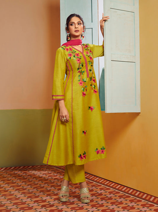 Yellow Embroiderd Anarkali Flared Kurta with Palazzos Dupatta.