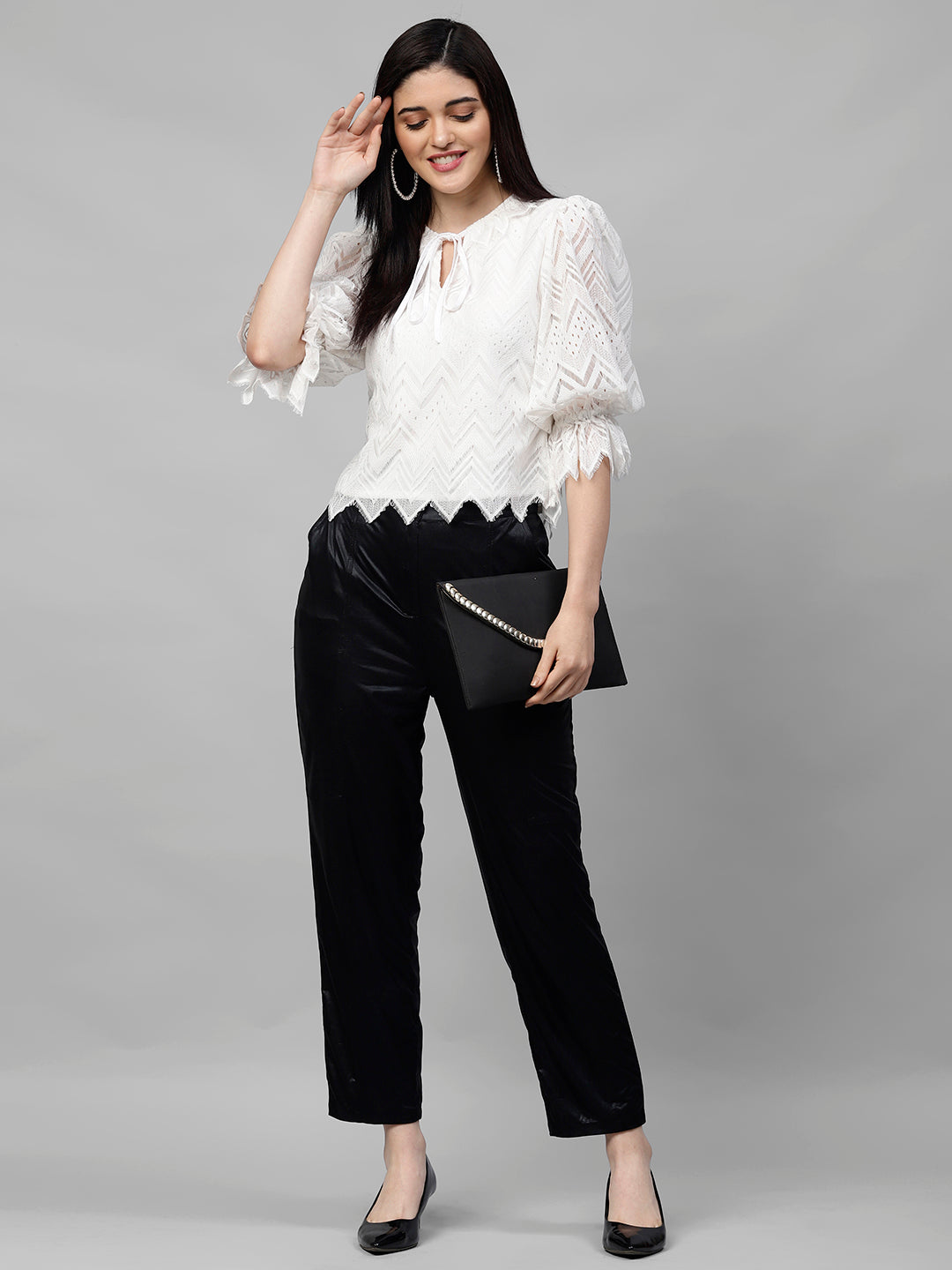 White Tie-Up Neck Puff Sleeves Lace Top