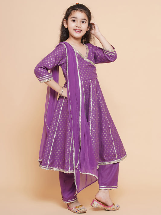 Girls Purple Ethnic Motifs foil Printed Angrakha Kurta with Trouser & Dupatta
