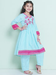 Girls Blue Embroidered Alia Design Kurta With Trousers With dupatta