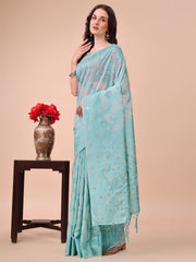Banarasi Cotton Saree with Floral Zari Work and Traditional Pallu - Elegant Ethnic Wear for Festivals & Ceremonies