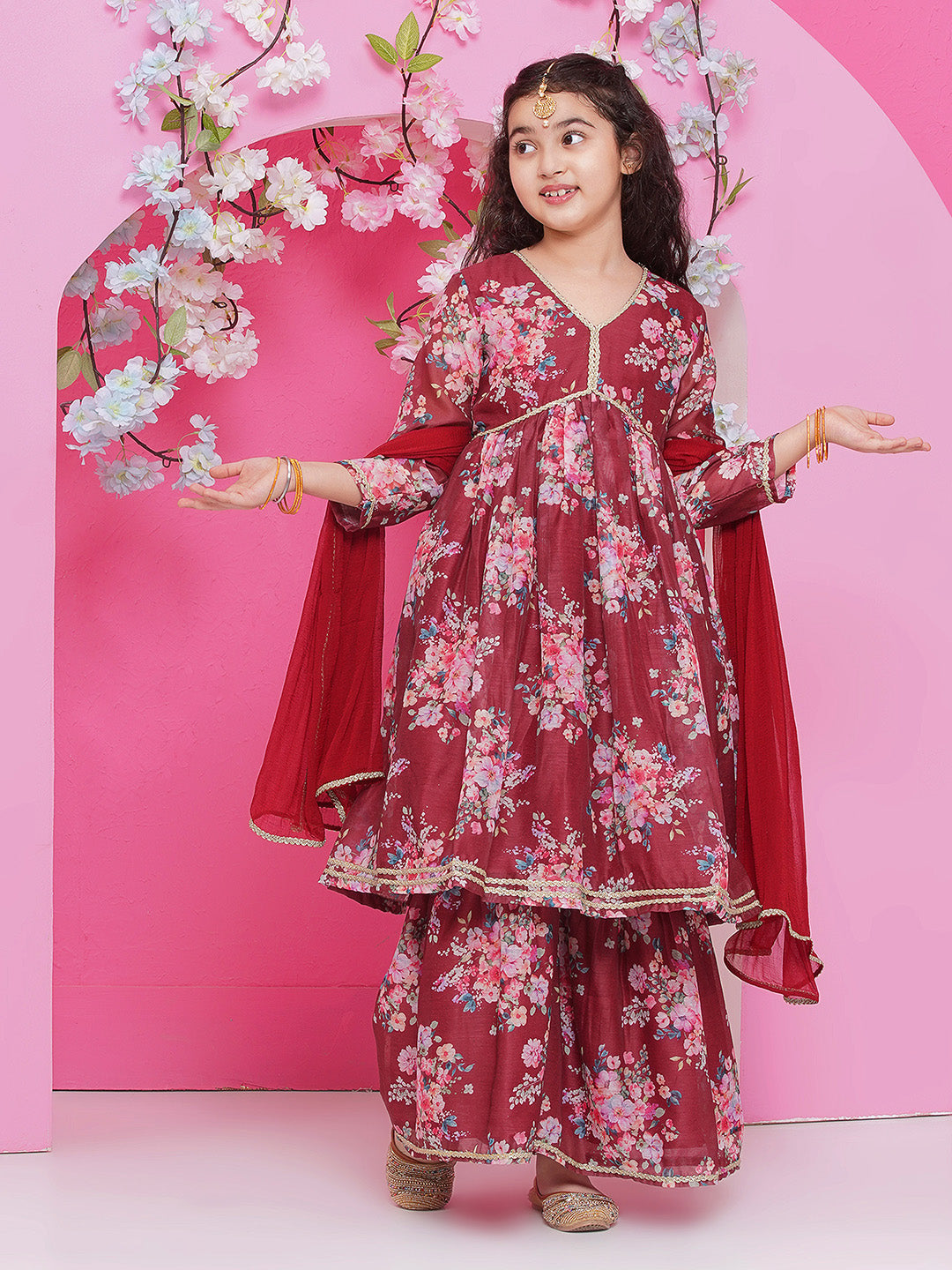 Girls Maroon Floral Printed Alia Design Kurta with Sharara with dupatta