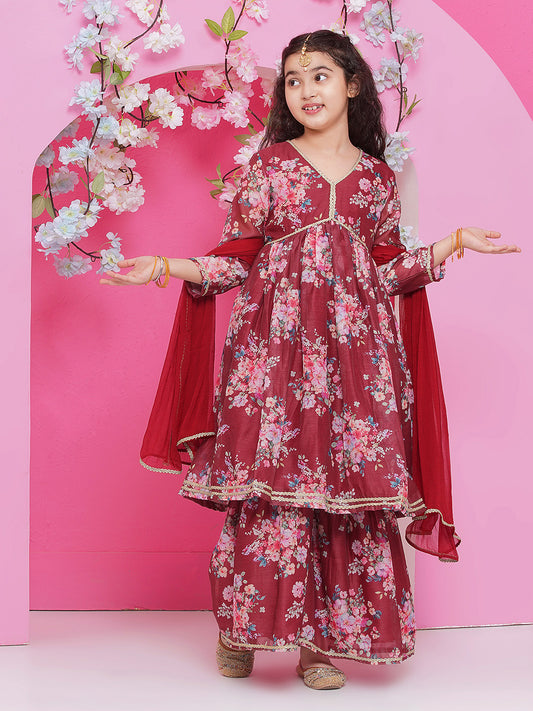 Girls Maroon Floral Printed Alia Design Kurta with Sharara with dupatta