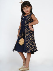 Cotton Blend Woven Sleeveless Self Design Flared Frock - Blue