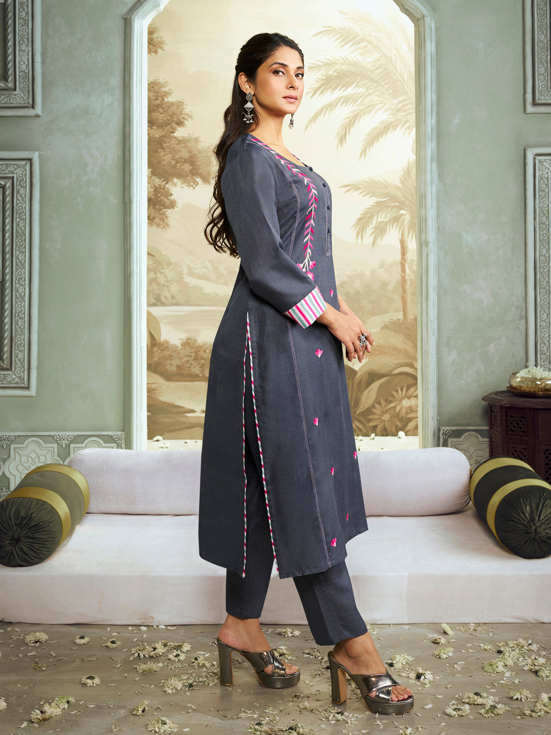 Grey Embroidered Straight Kurta Set.